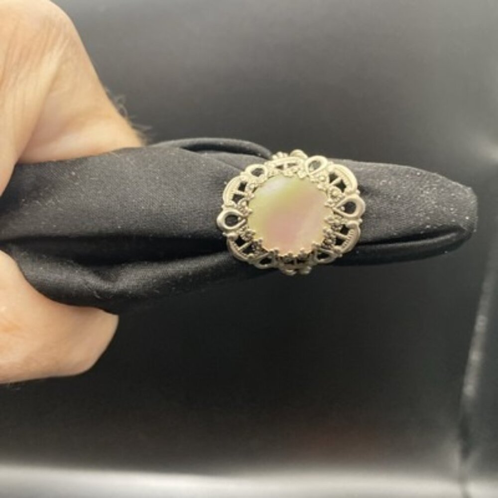 Vintage Signed Western Germany Ring MOP Filigree Silver Tone Adjustable LOOK - Picture 7 of 13